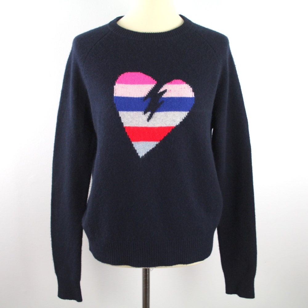 Zadig & Voltaire Baly Bis Heart Navy Blue Cashmere Crewneck Sweater L